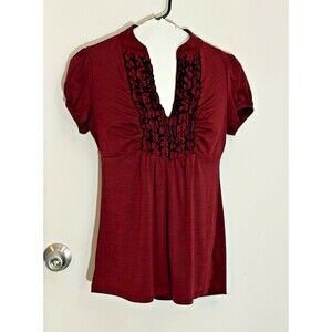 Juniors Dark Maroon & Black Blouse Short Sleeve Size Small Tie Back